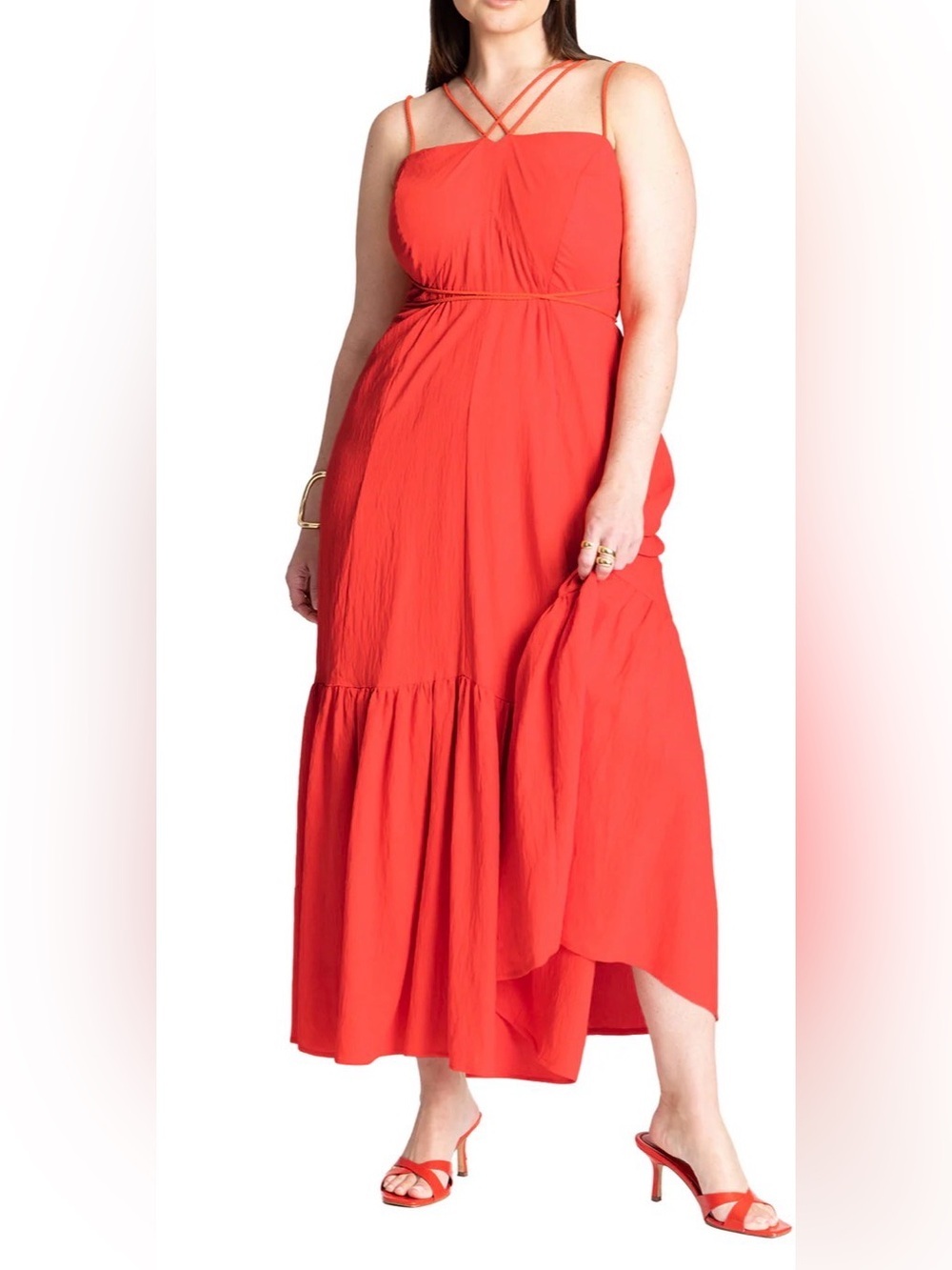 NWT Eloquii Nordstrom Red Strappy Tiered Maxi Dress Wedding Resortwear vacation - Picture 2 of 9